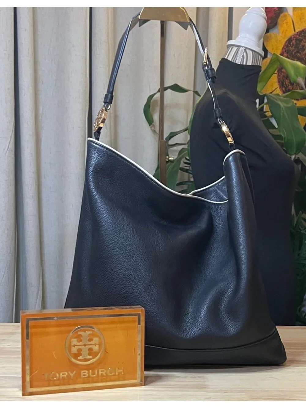 AUTHENTIC TORY BURCH Vintage Black Hobo with White Piping!  RARE!